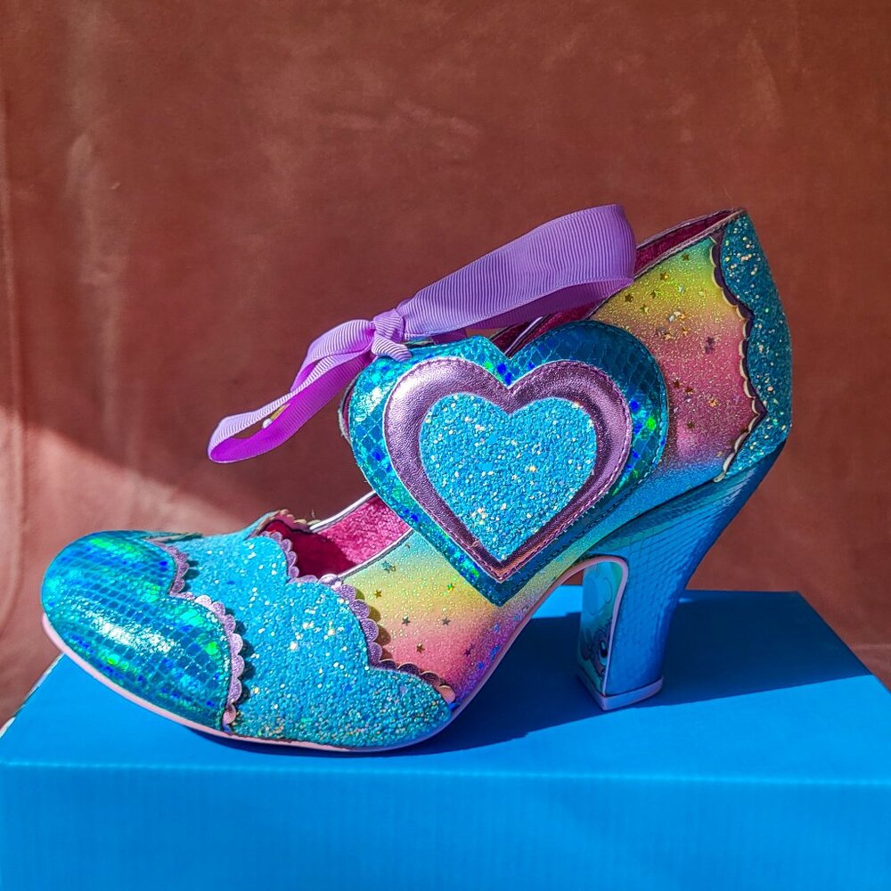 Irregular Choice Right On Mary Jane Glitter Heels Size 41 US 10 Holographic BLUE